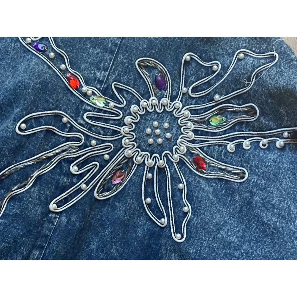 Vintage Golden River Denim Jacket Embellished Rhinestone Acid Wash 80s Costume